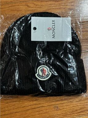 Moncler Black Ribbed Cuff Beanie with Logo Patch